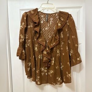 Anthropologie Ruffled Pin Tuck brown floral blouse small